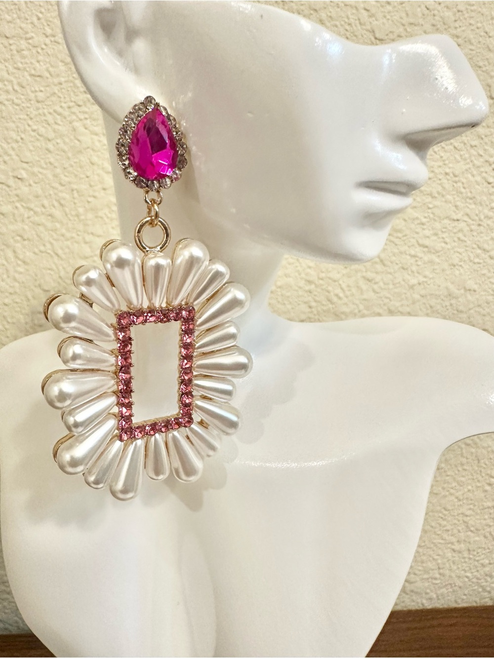 Pearl & Pink Crystal Statement Drop Earrings - Women Jewelry